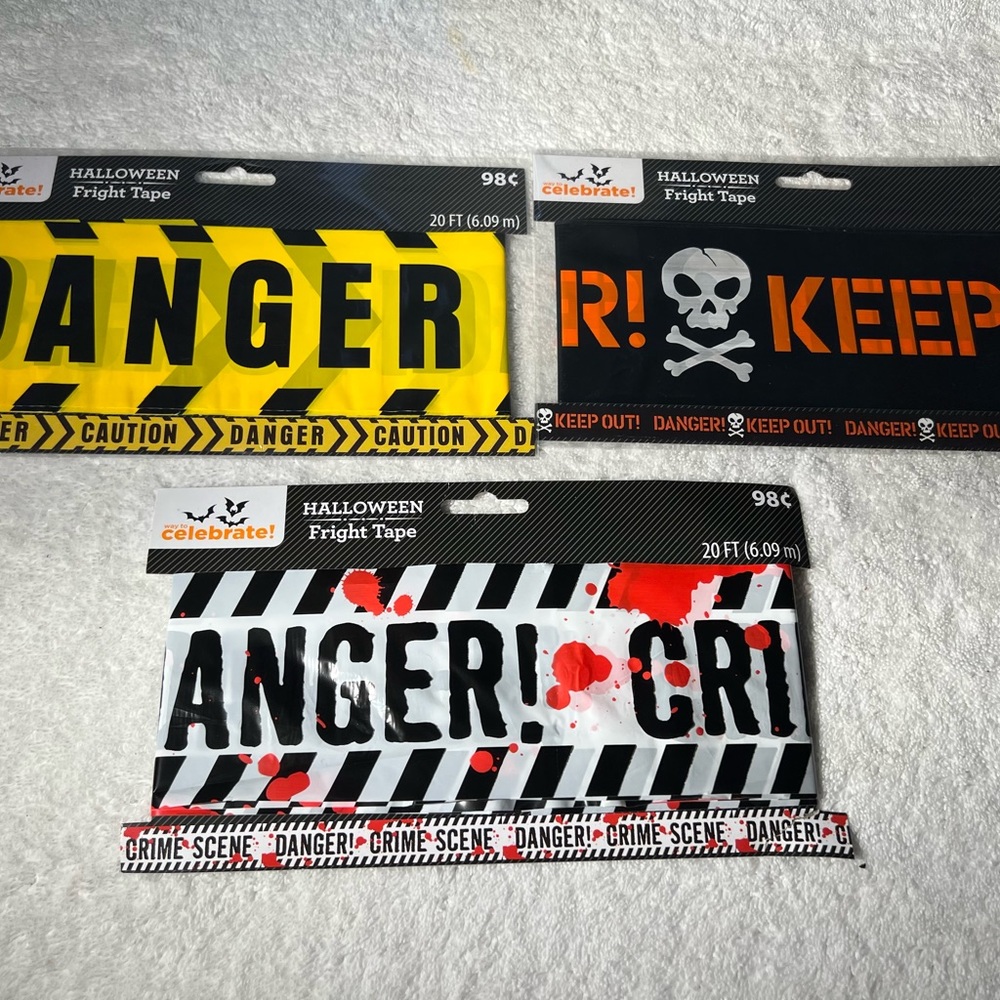 Lot of 3 Different Fright Tapes Halloween Decorations 20 Feet Each 2 NEW 1 USED